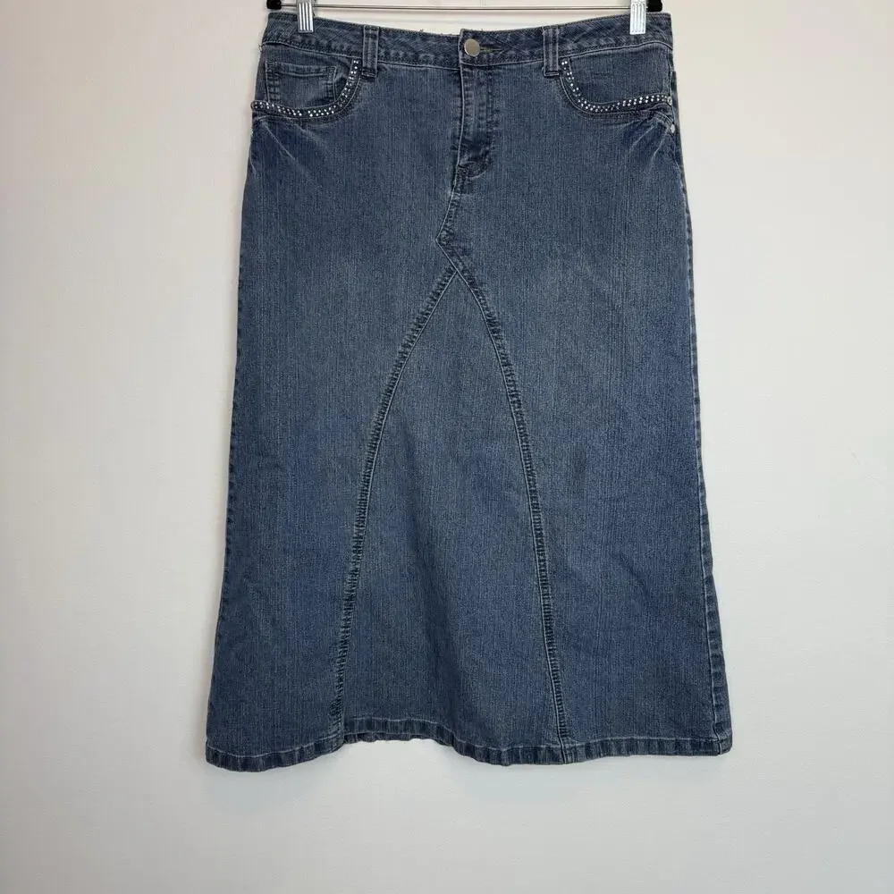 Vintage Cato y2k denim midi skirt studded embellishements sz 12 rocker grunge